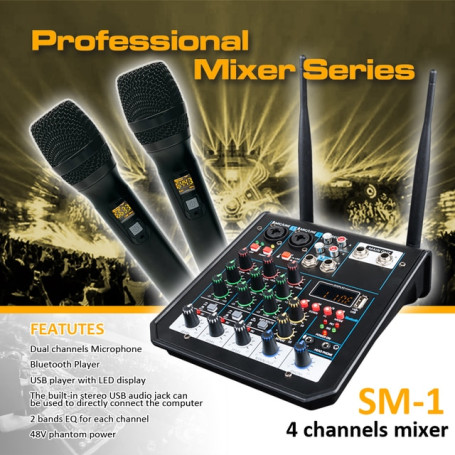 4 Channel USB Audio Mixer Wireless Microphone Studio Sound with Bluetooth REC DJ Console Karaoke Podcast  Mics New Mixing Good