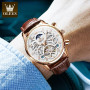 OLEVS Top Brand Men's Watches Fashion Skeleton Tourbillon Automatic Mechanical Wrist Watch for Men Waterproof Leather Strap New