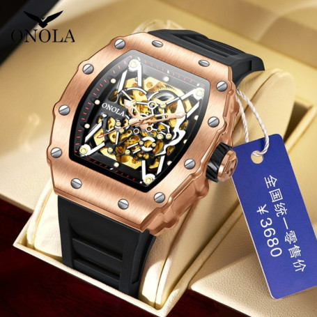 ONOLA Business Skeleton Automatic Mechanical Watch Men's Silicone Band Sports Waterproof  Male Boy Gift Clock Relogio Masculino
