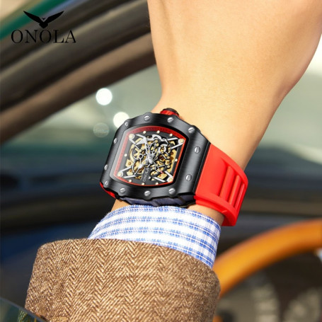 ONOLA Business Skeleton Automatic Mechanical Watch Men's Silicone Band Sports Waterproof  Male Boy Gift Clock Relogio Masculino