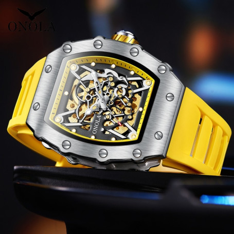 ONOLA Business Skeleton Automatic Mechanical Watch Men's Silicone Band Sports Waterproof  Male Boy Gift Clock Relogio Masculino