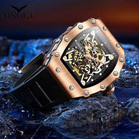 ONOLA Business Skeleton Automatic Mechanical Watch Men's Silicone Band Sports Waterproof  Male Boy Gift Clock Relogio Masculino