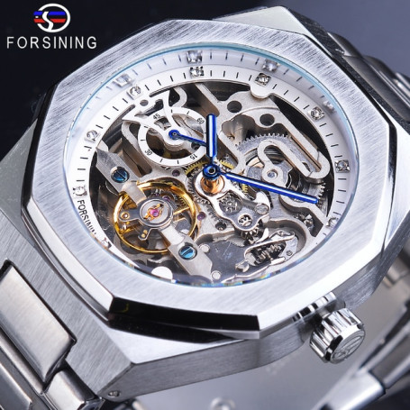 Forsining Silver Automatic Watch 3D Diamond Skeleton Hollow Mens Wristwatches Luminous Military Watches Tourbillon Montre Homme