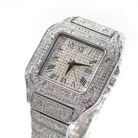 UWIN Full Iced Out Full Drill Men Square Watches Stainless Steel Hip Hop Fashion Luxury Rhinestones Quartz Square Business Watch