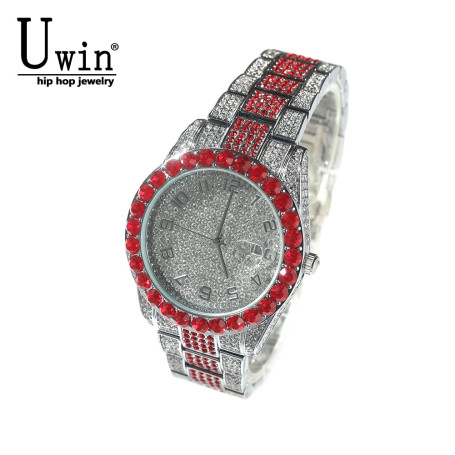 UWIN Big Dial Watch Iced Out Red White Rhinestone Top Dual Calendar Men's Quartz Clock Luxury Waterproof Wrist Watch