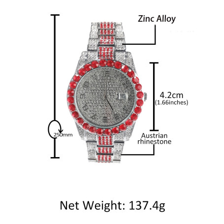 UWIN Big Dial Watch Iced Out Red White Rhinestone Top Dual Calendar Men's Quartz Clock Luxury Waterproof Wrist Watch