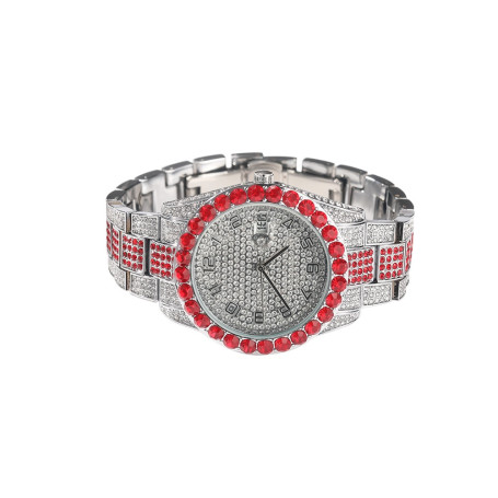UWIN Big Dial Watch Iced Out Red White Rhinestone Top Dual Calendar Men's Quartz Clock Luxury Waterproof Wrist Watch