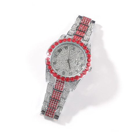 UWIN Big Dial Watch Iced Out Red White Rhinestone Top Dual Calendar Men's Quartz Clock Luxury Waterproof Wrist Watch