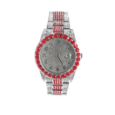 UWIN Big Dial Watch Iced Out Red White Rhinestone Top Dual Calendar Men's Quartz Clock Luxury Waterproof Wrist Watch