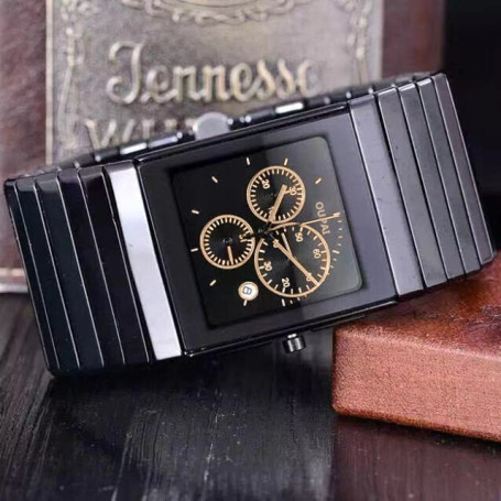 OUPAI Rectangle Black Ceramic Quartz Watch Man Ultra Thin Chronograph Stop watch Function Waterproof 35mm Wide