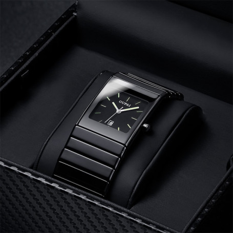 OUPAI Square Black Ceramic Ultra Thin Quartz Watch Men Luminous with Calendar Wristwatch Waterproof