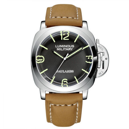 PAULAREIS New Sport Alloy Men's Watches Luminous Automatic Mechanical Clock Silver Round Male Leather Wristwatch Reloj Hombre