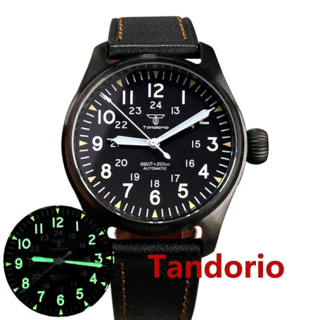 Tandorio 39mm Sapphire Glass Brushed Black PVD 20ATM Waterproof NH35A PT5000 Pilot Diver Military Men Watch Luminous Big Crown