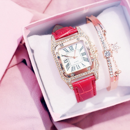 2pcs Women Diamond Watch Starry Square Dial Bracelet Watches Set Ladies Leather Band Quartz Wristwatch Female Clock(No Box)