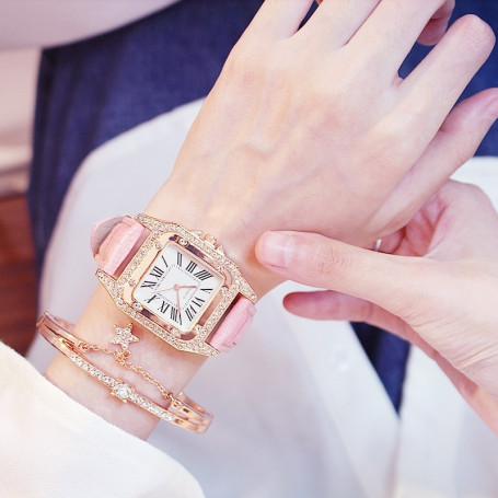 2pcs Women Diamond Watch Starry Square Dial Bracelet Watches Set Ladies Leather Band Quartz Wristwatch Female Clock(No Box)