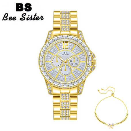 BS Elegant Big Dial Women Watch Famous Luxury Brands Rhinestones Rose Gold Waterproof Steel Female Wristwatches Reloj Mujer 2022