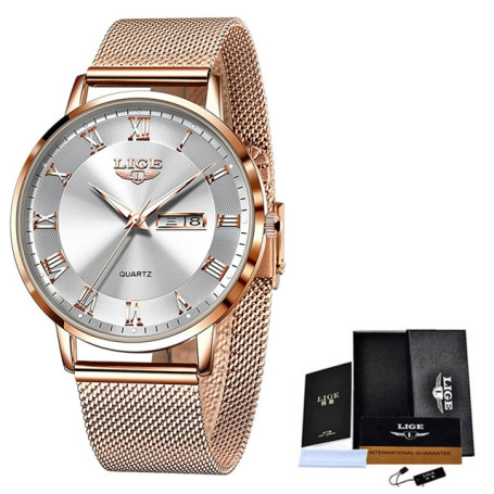 LIGE Brand Women Watches Ultra-thin Luxury Quartz Watch Fashion Ladies Clock Stainless Steel Waterproof Calendar Week Wristwatch