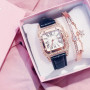 2pcs Women Diamond Watch Starry Square Dial Bracelet Watches Set Ladies Leather Band Quartz Wristwatch Female Clock（No Box）