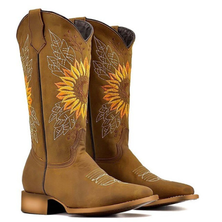 Women Boots  Autumn Sunflower Embroider Boots Pointed Toe Slip On Western Mid-calf Boots Waterproof Laides Winter Shoes