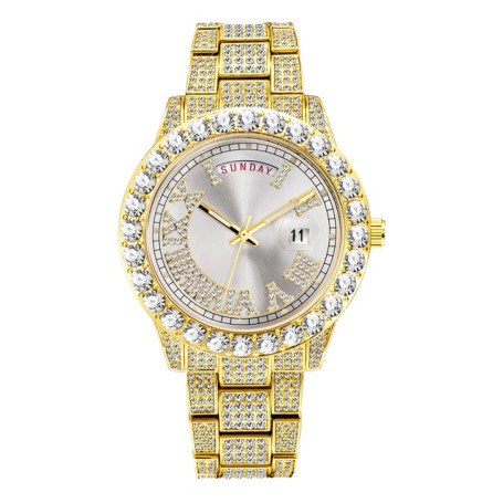 New Day Date Watch For Men Top 18k Gold Diamond Iced Out Male Reloj Luxury Luminous Bling Stainless Steel Quartz Wristwatch Gift