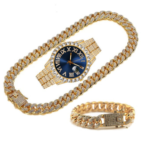 Full Iced Out Watch for Mens iced out Cuban Chain Bracelet Necklace Choker Bling Jewelry for Men Gold Chains Hip Hop Mens Watch