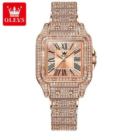 OLEVS Rose Gold Quartz Watch for Women Luxury Top Brand All Diamond Dress Wristwatch Elegant Texured Watchband Women Watch New