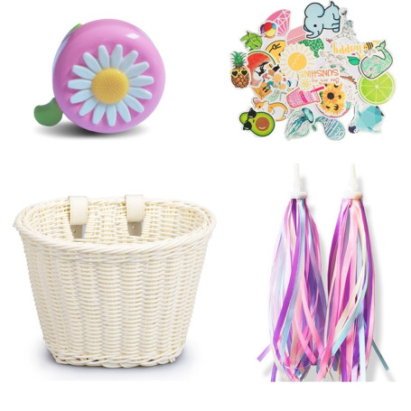 Kids Bike Baskets Handwoven Cycling Basket Bicycle Front Handlebar Cargo Pannier with Bell Tassel Stickers Set Bicycle basket