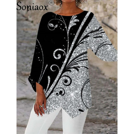 Elegant Sweet Style Nine-quarter Sleeve Loose T-shirt Female Fashion 3D Print Tops O Neck Casual Irregular Tees Women's Clothing