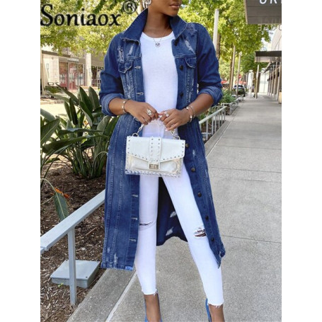 Autumn Women Sexy Ripped Denim Jackets Vintage Casual Long Jean Jacket Winter Female Long Sleeve Coat Streetwear
