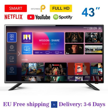 KONDOON 43" Inch Smart TV RS43F1 HDR Full HD 1080P Wifi 110cm Television Remote Control  Black TVS Google Android 9.0