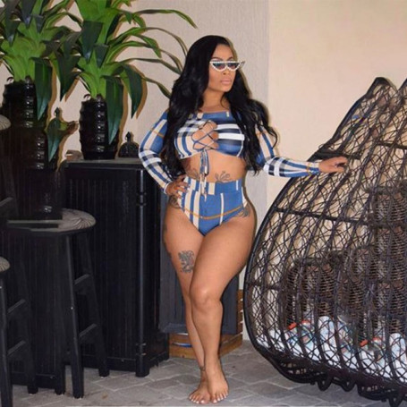 Thong Swimsuit African Swimwear Print Bandage Women Tankini Long Sleeve Bikini Set High Waist Bathing Suit Monokini