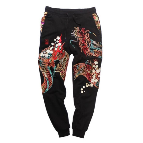 Lyprerazy Full embroidered sweatpants Chinese style Dragon embroidered cotton golden dragon embroidery ethnic tattoo Pants