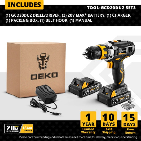 20V MINI WIRELESS SCREWDRIVER ELECTRIC CORDLESS DRILL PERFORATOR DC LITHIUM-ION BATTERY 2-SPEED POWER TOOL DEKO GCD20DU2