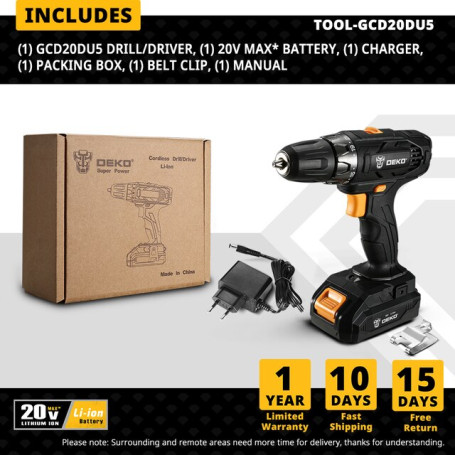 DEKO 20V MAX GCD20DU5 Electric Screwdriver Cordless Drill Power Tools Mini Power Driver DC  Drilling in Steel/ Wood/ Ceramic