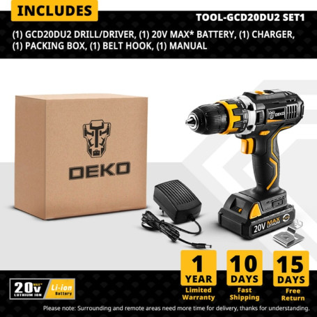 DEKO 20V MAX GCD SERIES 1/2 IN. CORDLESS DRILL/DRIVER TOOL KITS - GCD20DU2