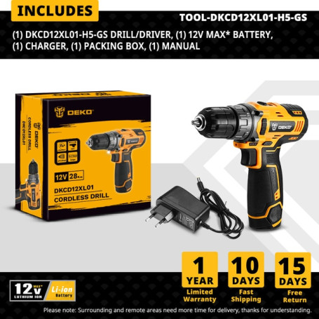DEKO New 12V  Cordless Drill Electric Screwdriver Lithium-Ion Battery 18+1 Settings 3/8-Inch 2-Speed --DKCD12XL01