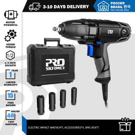 Electric Impact Wrench 450N.m 1/2 inch 1100W 230V Air Spanner Tire Remove Auto Repair Tool 4 Sockets 3400RPM speed by PROSTORMER