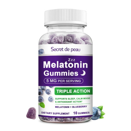 Secret de peau Blueberry Melatonin 5mg Gummies Vitamin B6 Sleep Aid Rich Vitamin A & C Protects Eyes and Enhances Immunity