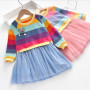 Baby Girls Dress Princess Autumn Sweater Fleece Gauze Tutu Dresses Children Clothing Long Sleeve Rainbow Stripes Dress For Girls