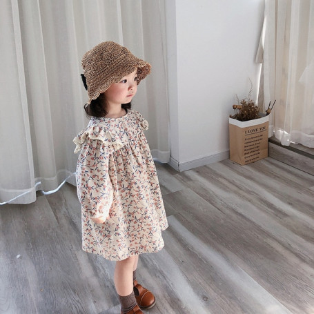 Floral Girls Dress Autumn Spring Hot-sale Long Sleeve Korean Cotton Linen Flower Looese Dress Girls Princess Dress Outfits