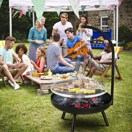 Femor Ø65cm Outdoor BBQ Fire Pit Bowl Tripod Hanging Swivel Grill Adjustable for Camping  Portable Grill