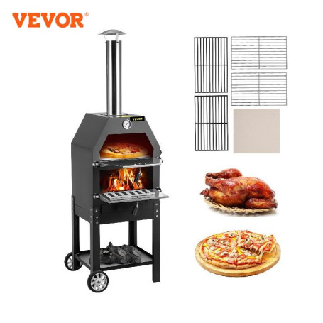 VEVOR 12" Wood Fried Pizza Oven with Wheels & Handle Labor-Saving 2-Layer Portable for Backyard Camping Site Park Outdoor Baking