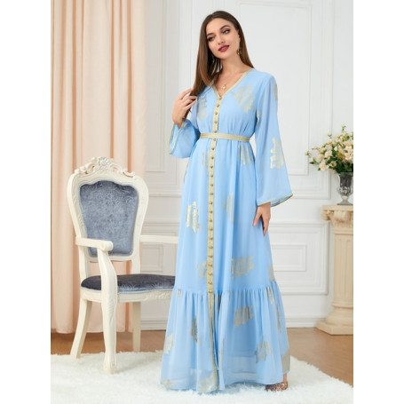 Party Dresses Abayas For Women Dubai 2022 Printed Long Sleeve V-Neck Button Tape Trim Belted Kaftan Split Hem Clothes For Women