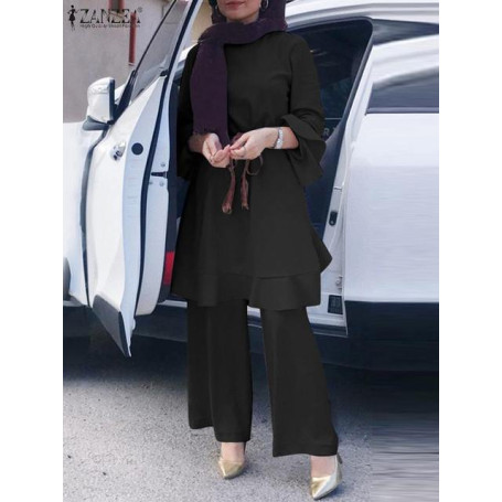 ZANZEA Lace-Up Solid Muslim Sets Abaya Kaftan Women O-Neck Flare Sleeve Buttons Blouse And Wide Leg Pants Elegant Vintage Suit
