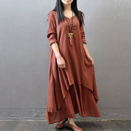 Rusty Red Dress Women Robe Femme Long Dress Vestido De Festa Vintage Imitation Cotton Linen Dresses for Women Clothing