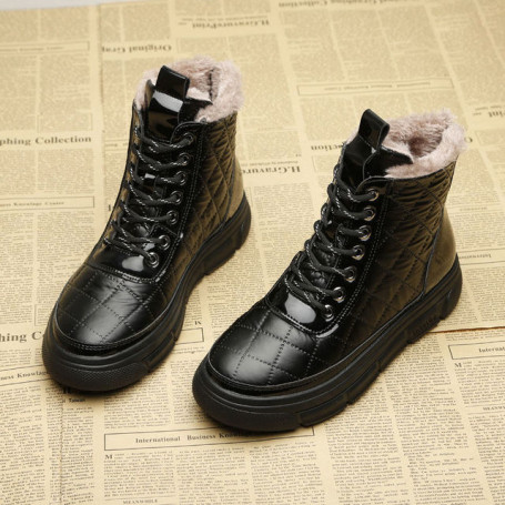 Pofulove Women Boots Patent Leather Booties Warm Winter Shoes Black Silver Ankle Snow Boots Waterproof Platform Botas 41 42 43