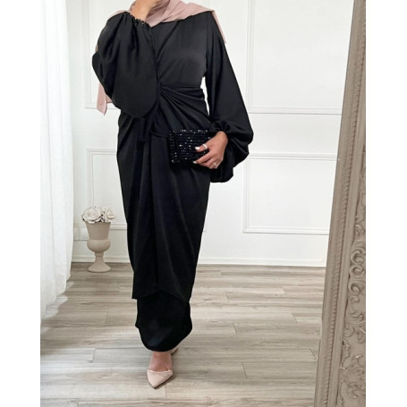 Middle East Abaya Set Women Muslim Islamic Satin Long Dress and Wrap Skirts Arab Robe Dubai Party Gown Ramadan Clothing