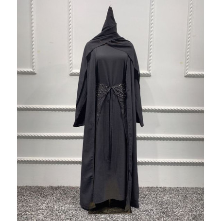 Handcraft Beads 3 Piece Muslim Set Matching Outfit Crinkled Crepe Open Abaya Kimono Long Sleeve Dress Wrap Skirt Dubai Autumn