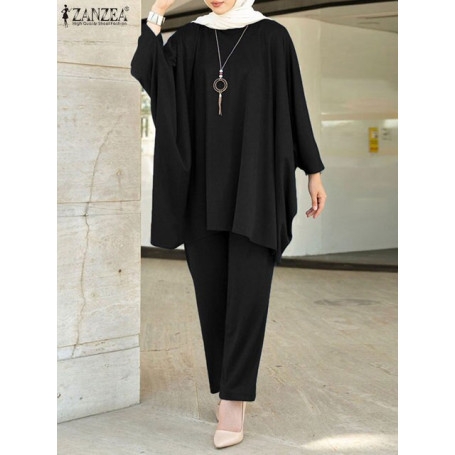 ZANZEA Women Spring Asymmetrical Muslim Set Full Sleeve Solid Color O-Neck Blouses Fashion Casual Holiday Elastic Pant Tracksuit
