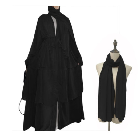 Eid 3 Layer Chiffon Dubai Turkey Open Cardigan Muslim Abaya For Women With Scarf Modest Robe Kimono Femme Caftan Islam Clothing